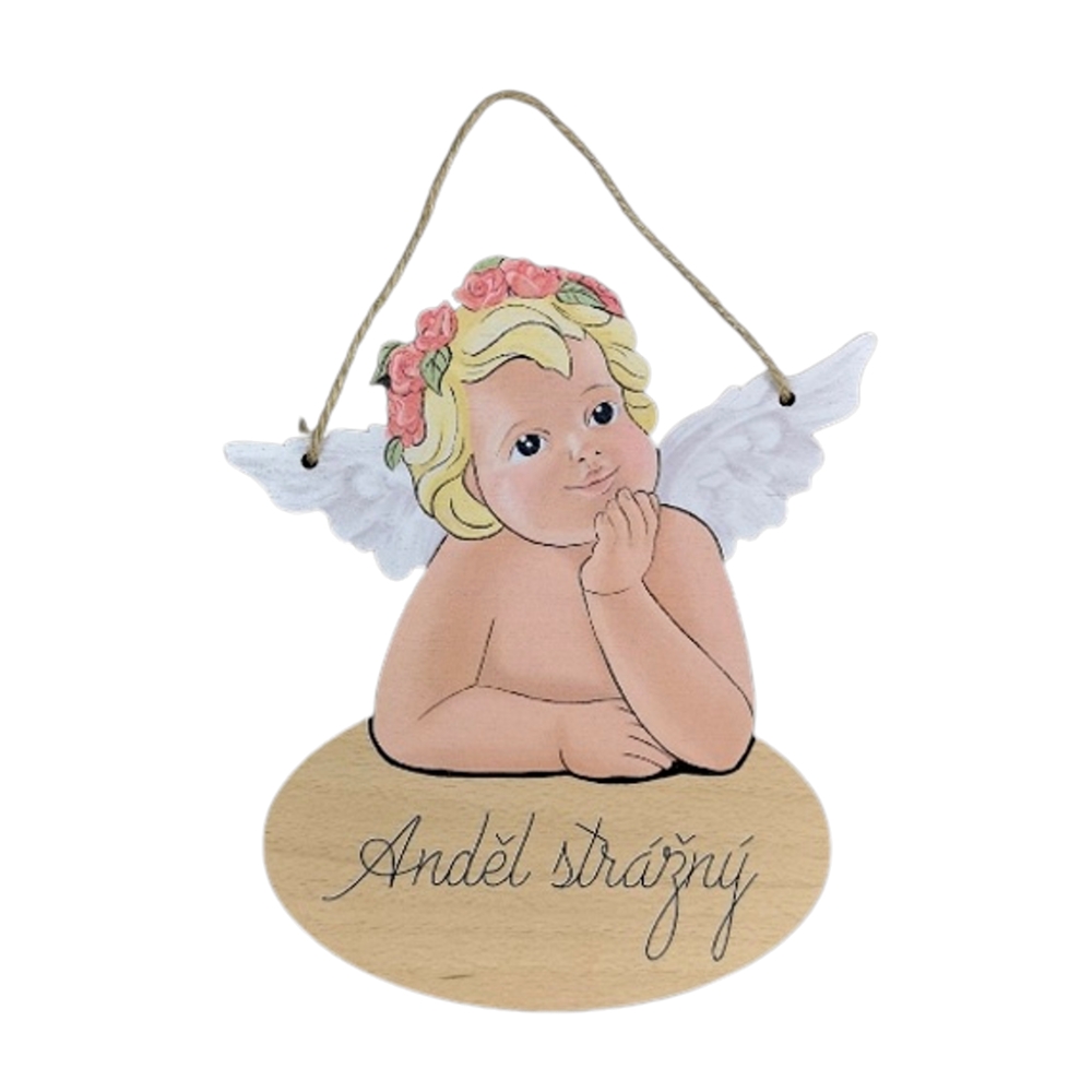 Dřevěné a proutěné dekorace - Dřevěná cedule Anděl strážný 21cm
