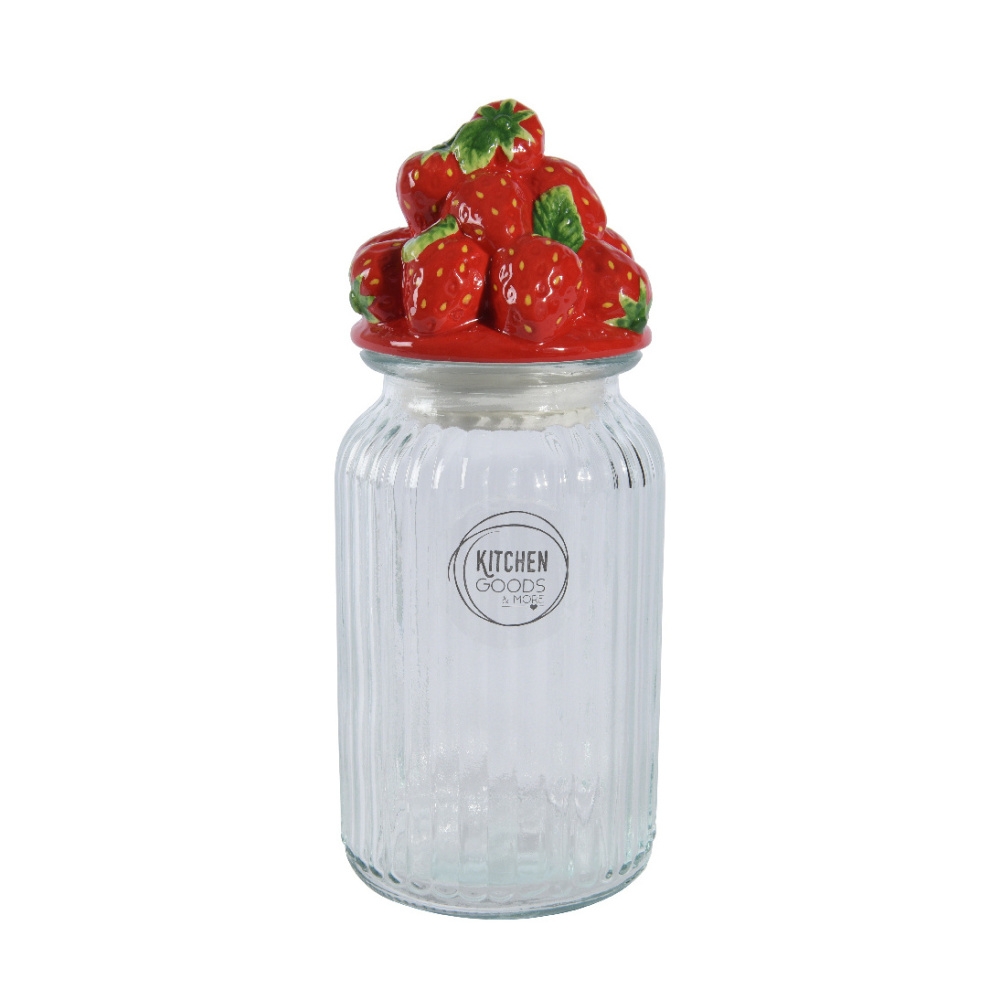Kuchyňské dózy - Kulatá skleněná dóza s jahodovým víčkem KITCHEN GOODS 26,5cm
