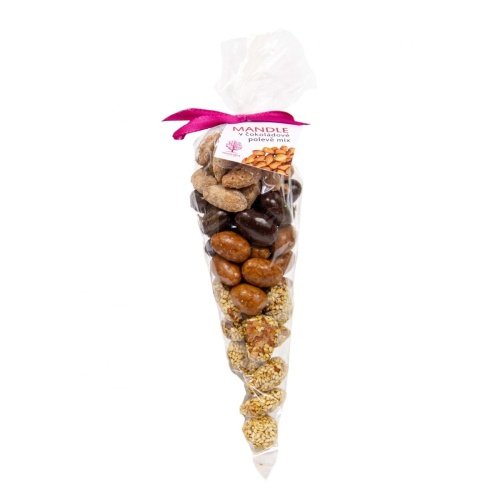 Sušené ovoce a plody - Mandle sladké kornout - karamel, sezam, cukr, čokoláda 150g