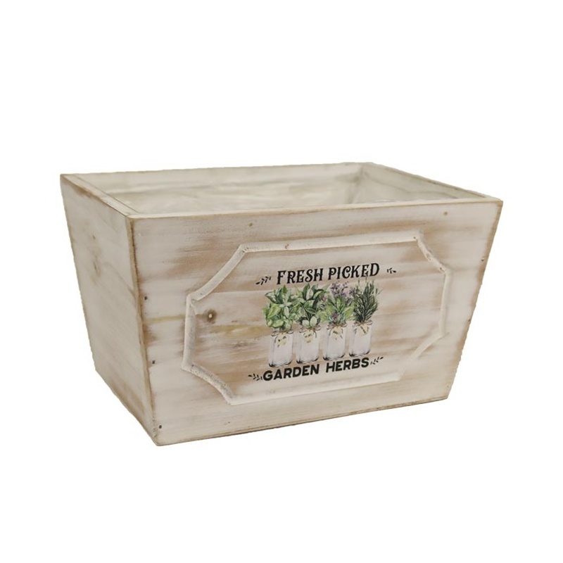 Proutěné a dřevěné obaly - Obal na květináč dřevěný hranatý GARDEN HERBS s igelitem bílo-hnědý 21cm