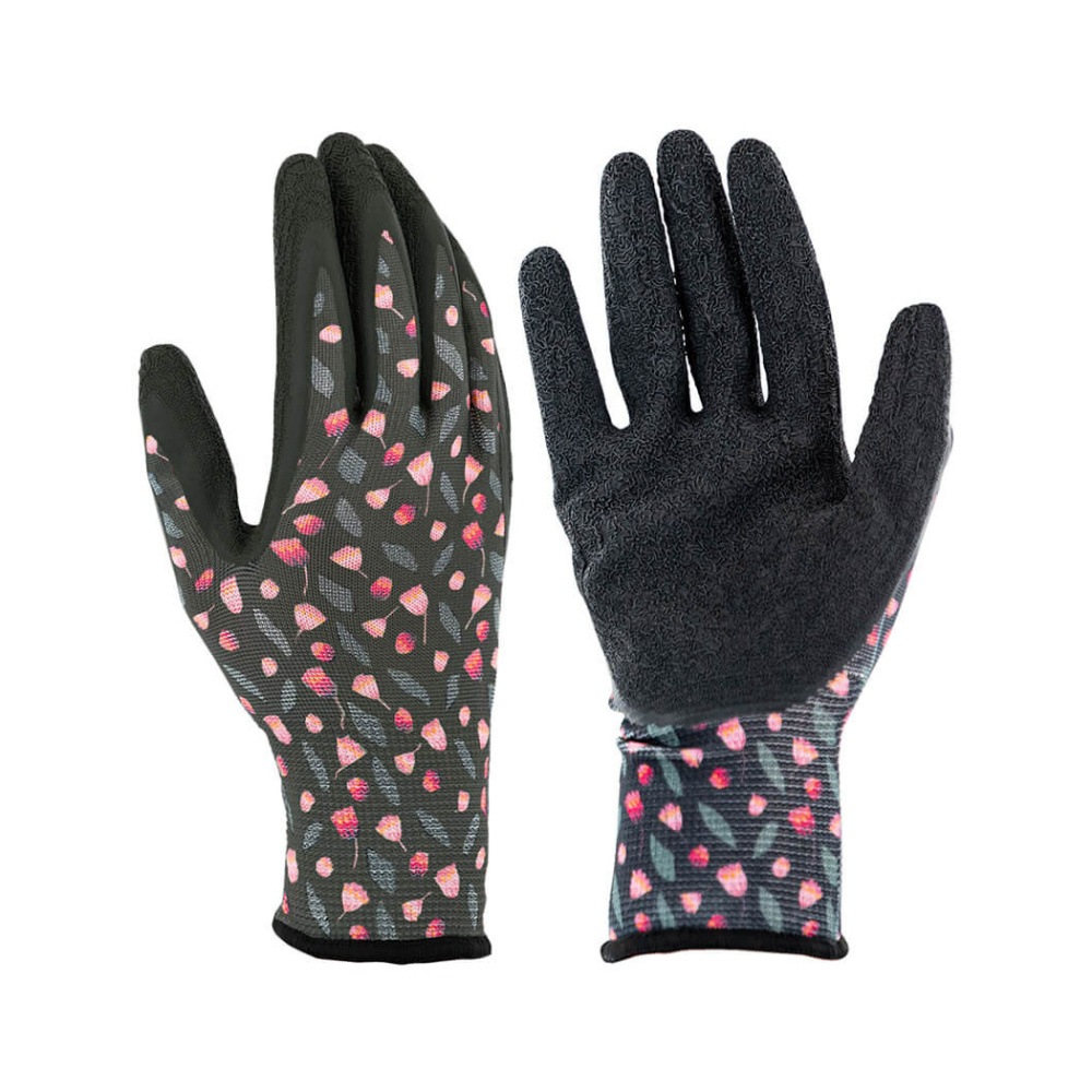 Zahradnické rukavice - Rukavice dámské MILY polyester/latex černé s květy vel.7