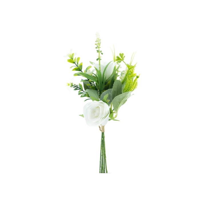 Letní umělé květiny - Růže s květinami ve svazku umělá krémová 33cm