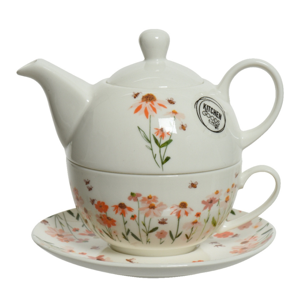 Čajové konvice - Šálek a čajová konvice porcelánová s květy a včelami
