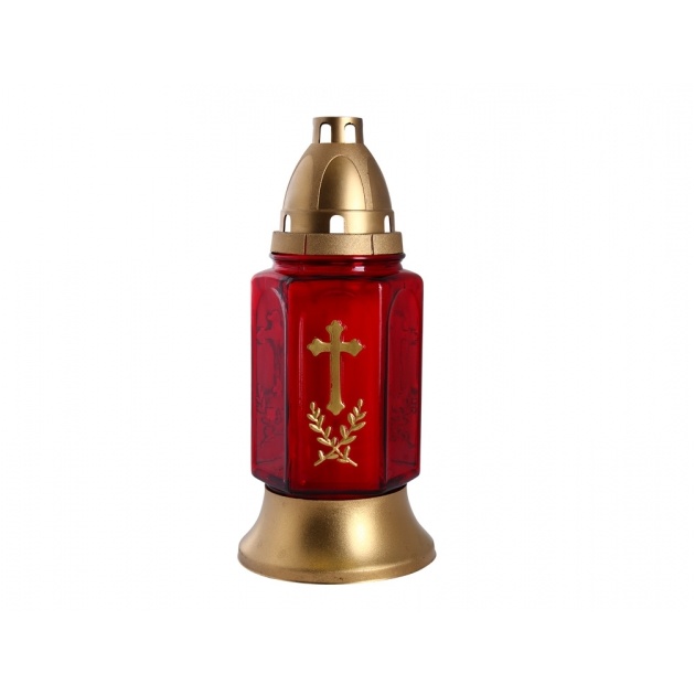Hřbitovní svíčky - Svíčka hřbitovní LAMPA SKLO kříž červená 25cm